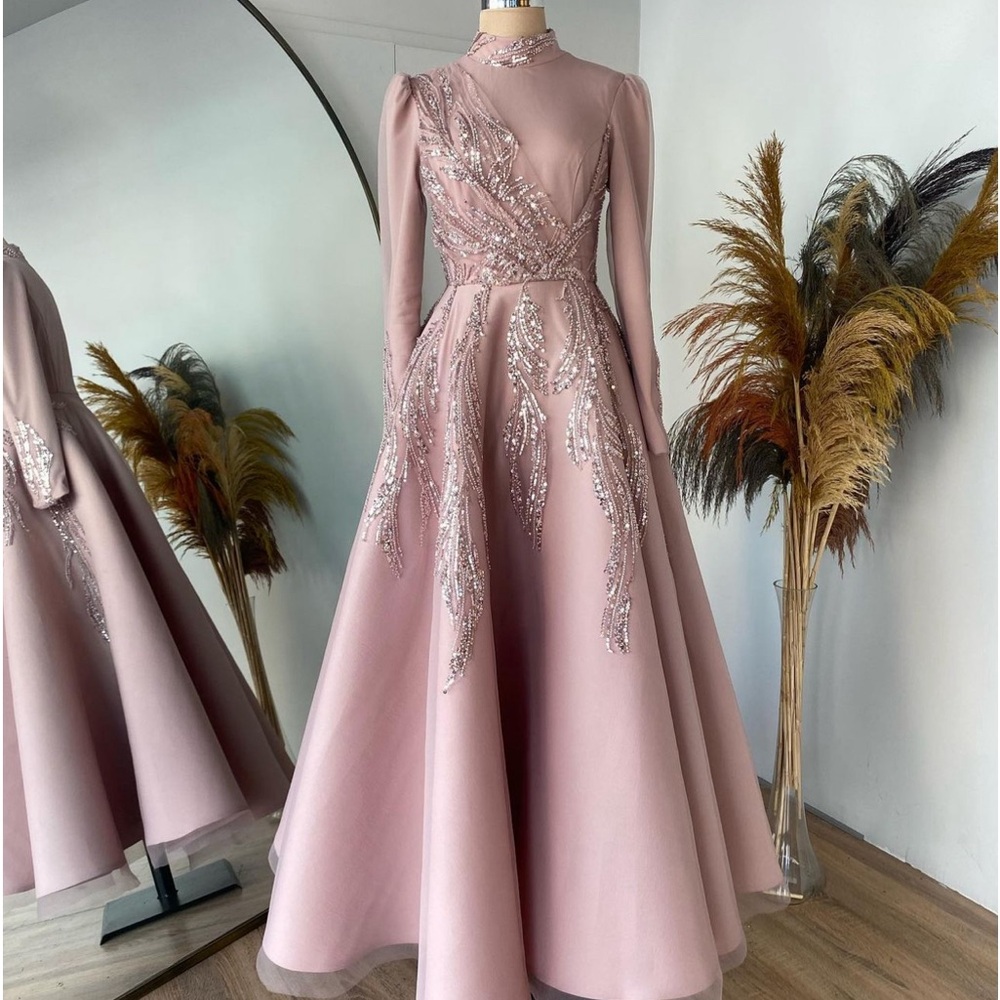 Blush Pink Long Sleeve Beaded A-Line Dress